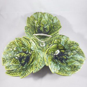 Vintage 1960s California Pottery Candy/Nut 3 Section Serving Dish #724 GreenLeaf